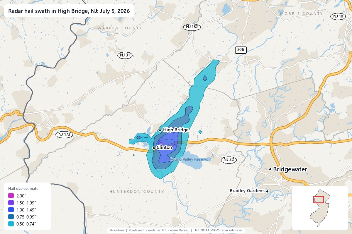 Radar-estimated hail swath in High Bridge, NJ on July 5, 2026; colors show estimated hail sizes