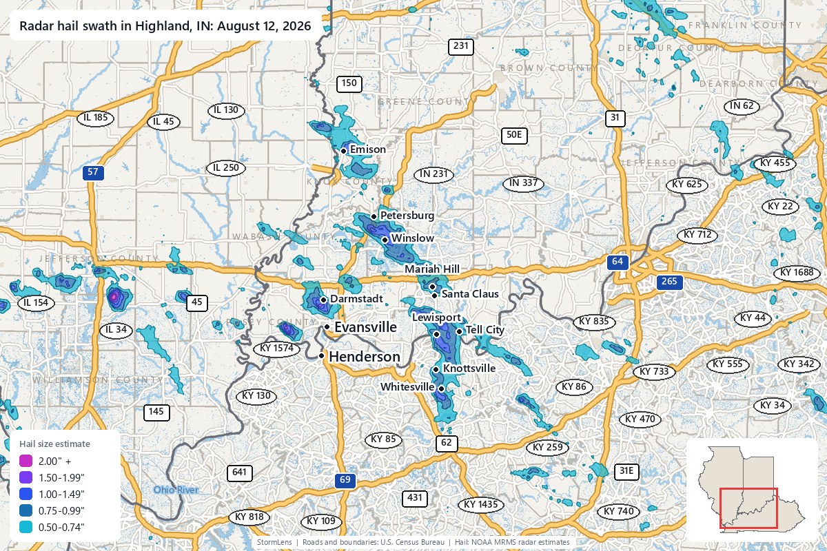Radar-estimated hail swath in Highland, IN on August 12, 2026; colors show estimated hail sizes
