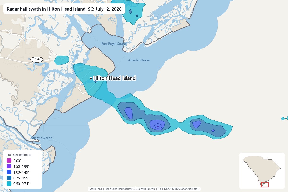 Radar-estimated hail swath in Hilton Head Island, SC on July 12, 2026; colors show estimated hail sizes