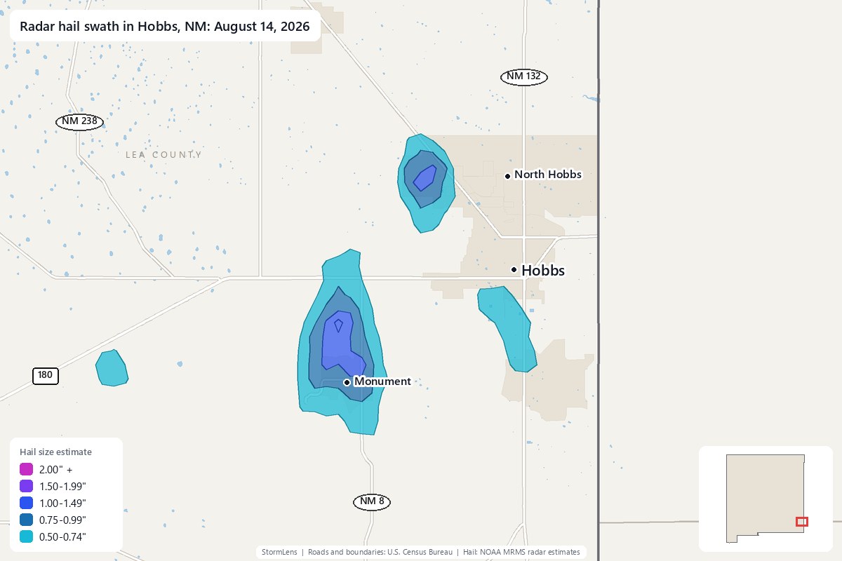 Radar-estimated hail swath in Hobbs, NM on August 14, 2026; colors show estimated hail sizes