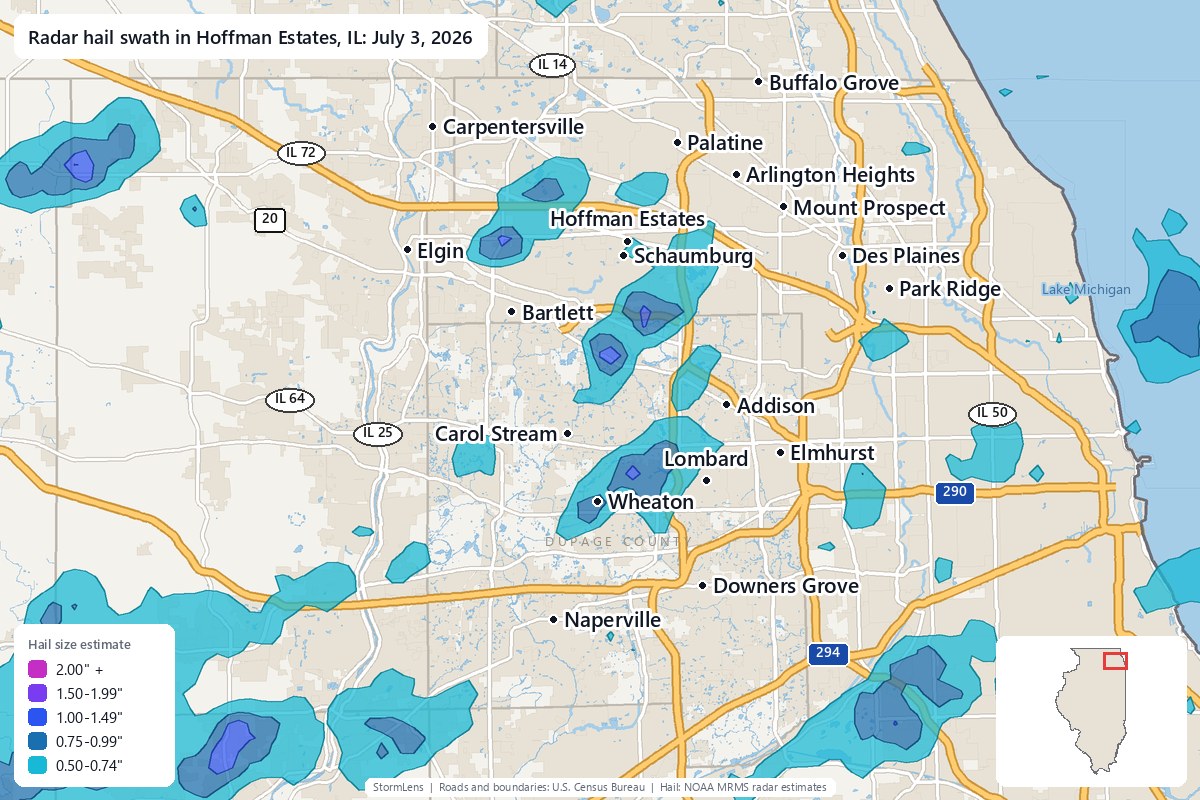 Radar-estimated hail swath in Hoffman Estates, IL on July 3, 2026; colors show estimated hail sizes