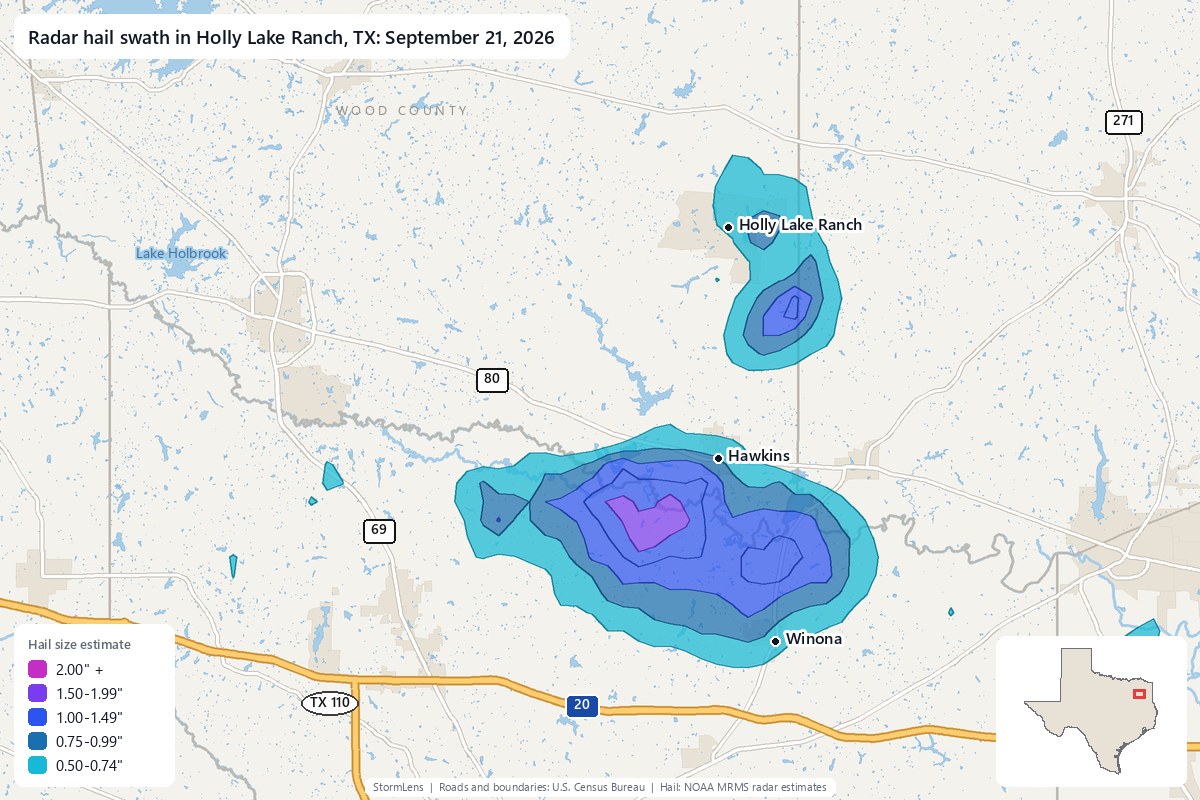 Radar-estimated hail swath in Holly Lake Ranch, TX on September 21, 2026; colors show estimated hail sizes