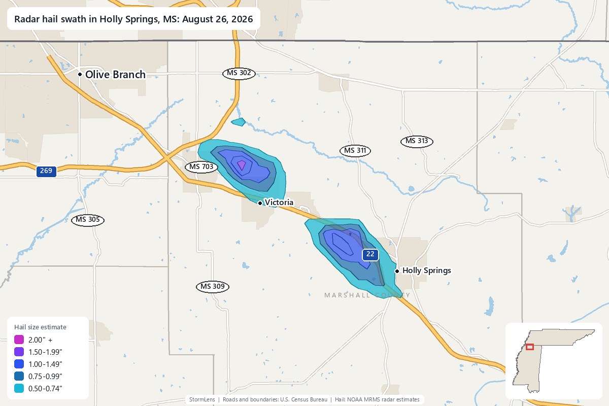Radar-estimated hail swath in Holly Springs, MS on August 26, 2026; colors show estimated hail sizes