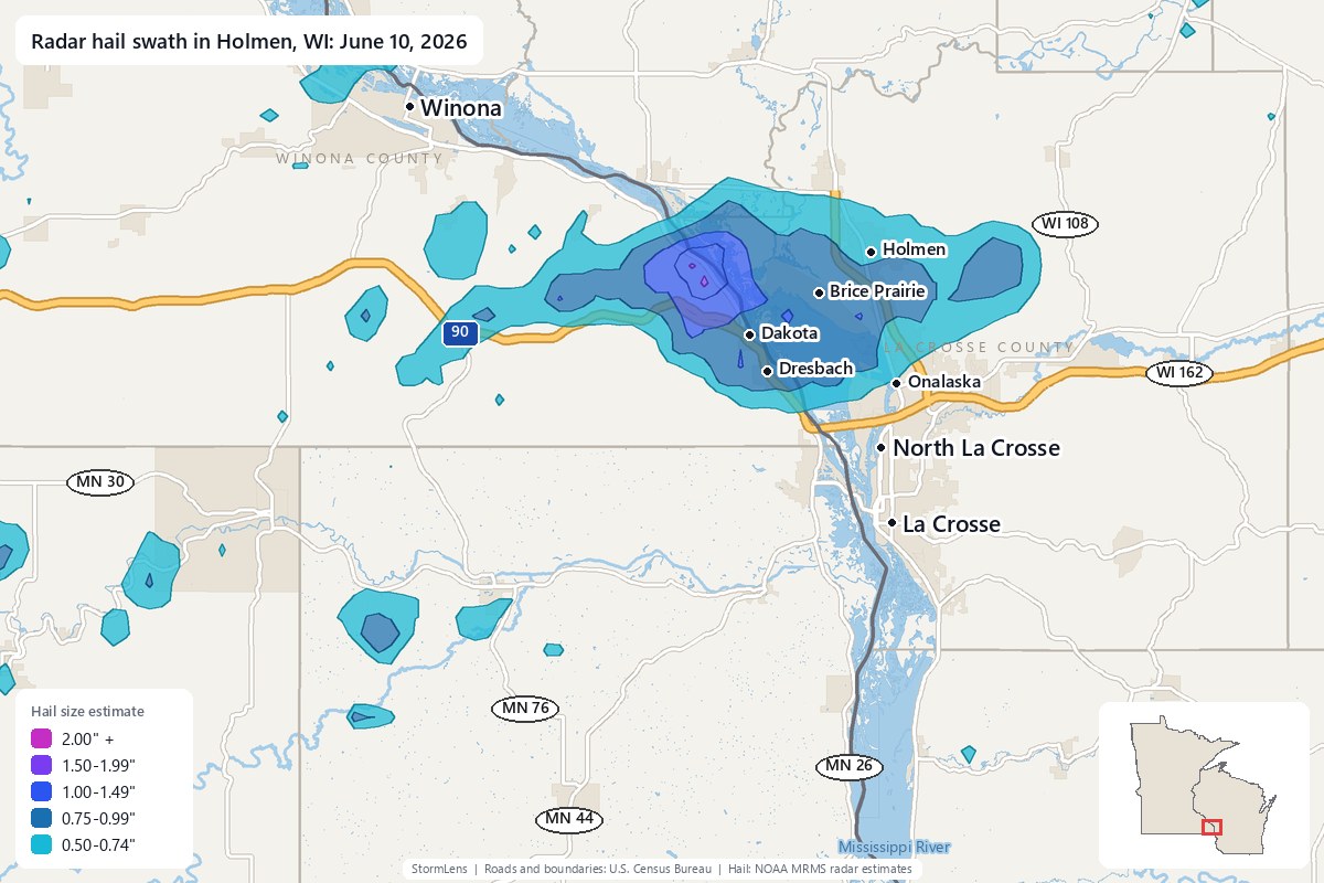 Radar-estimated hail swath in Holmen, WI on June 10, 2026; colors show estimated hail sizes