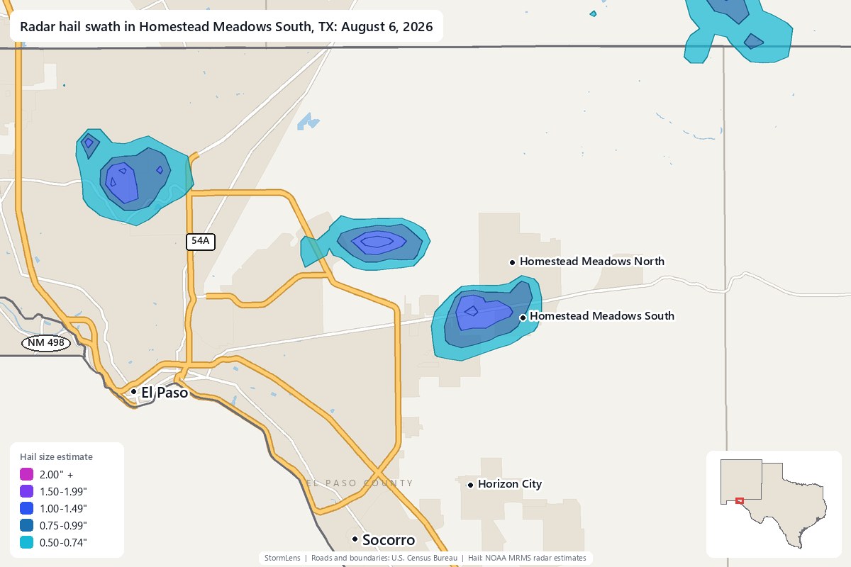 Radar-estimated hail swath in Homestead Meadows South, TX on August 6, 2026; colors show estimated hail sizes