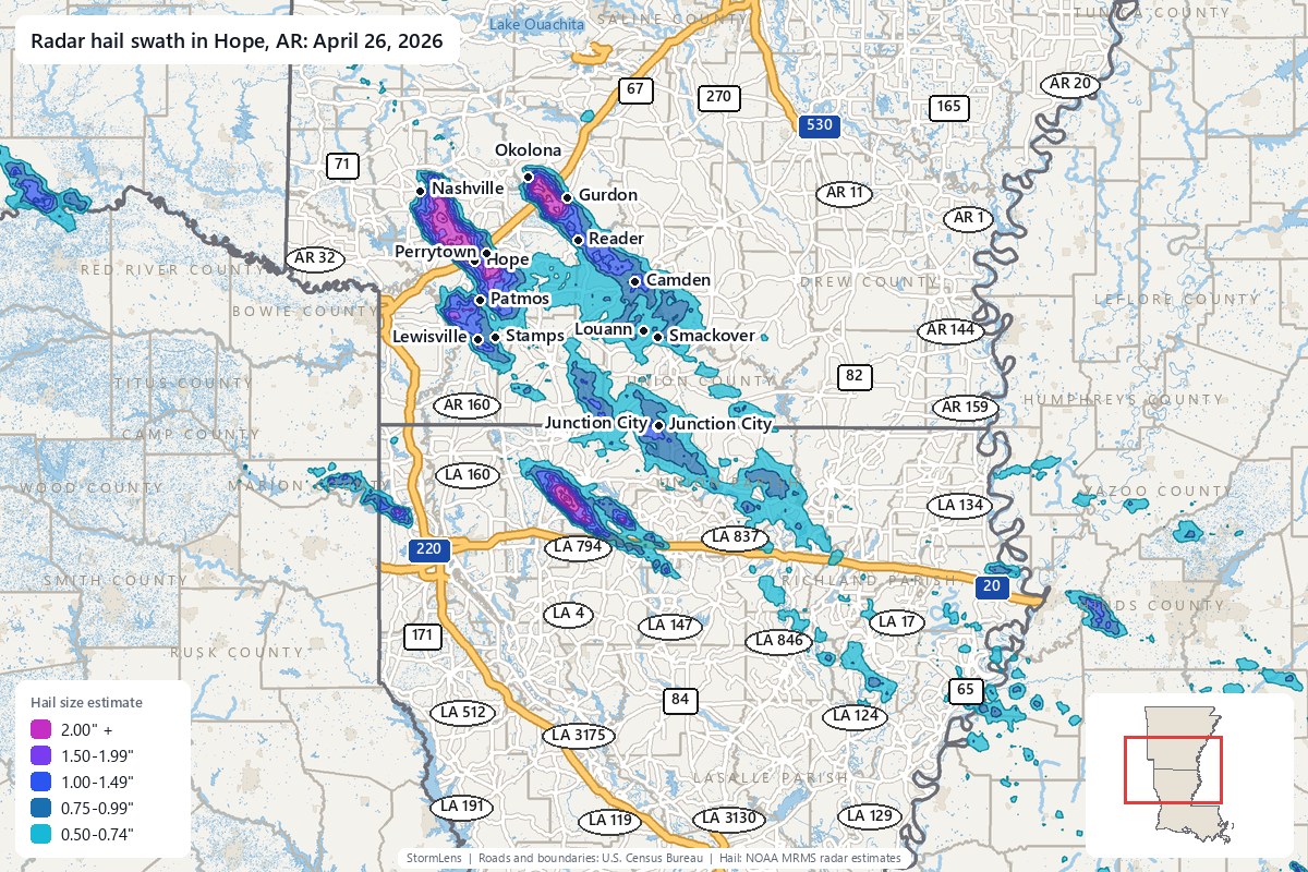 Radar-estimated hail swath in Hope, AR on April 26, 2026; colors show estimated hail sizes
