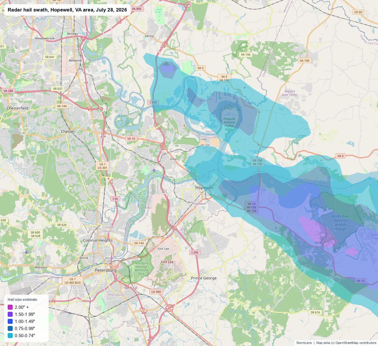 Radar-estimated hail swath near Hopewell, VA on July 28, 2026; colors show estimated hail sizes