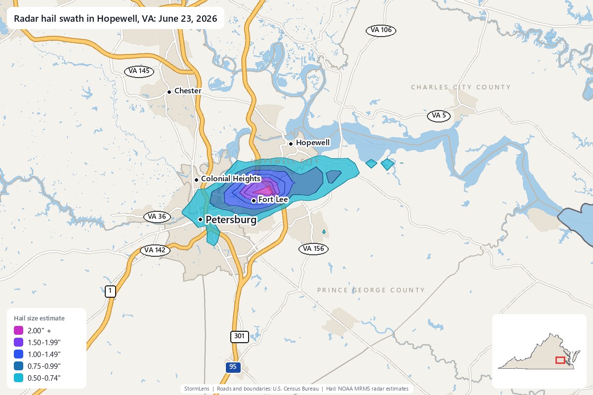 Radar-estimated hail swath in Hopewell, VA on June 23, 2026; colors show estimated hail sizes
