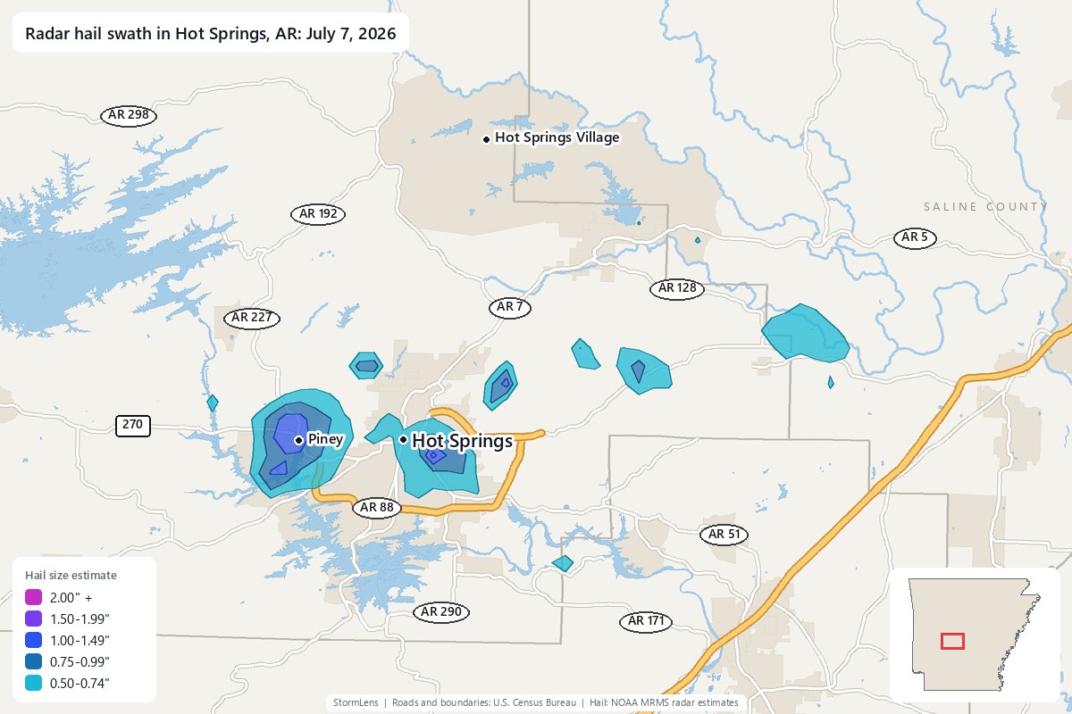 Radar-estimated hail swath in Hot Springs, AR on July 7, 2026; colors show estimated hail sizes