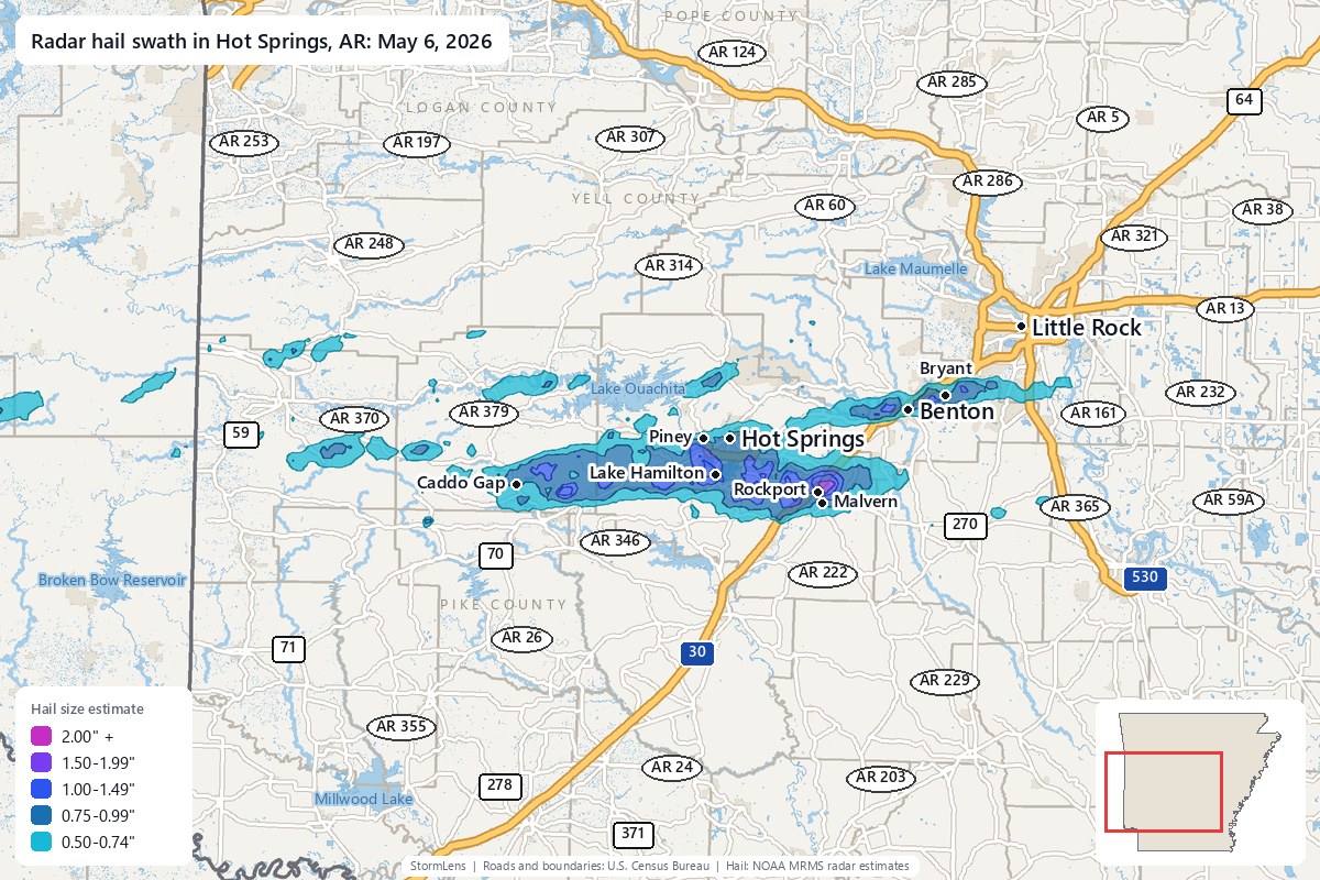 Radar-estimated hail swath in Hot Springs, AR on May 6, 2026; colors show estimated hail sizes