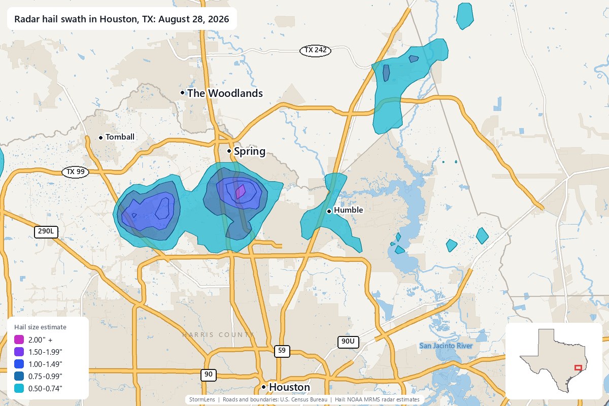 Radar-estimated hail swath in Houston, TX on August 28, 2026; colors show estimated hail sizes