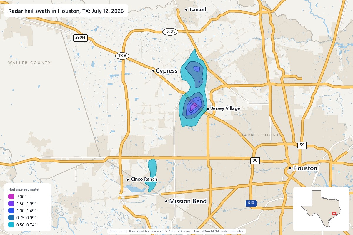 Radar-estimated hail swath in Houston, TX on July 12, 2026; colors show estimated hail sizes