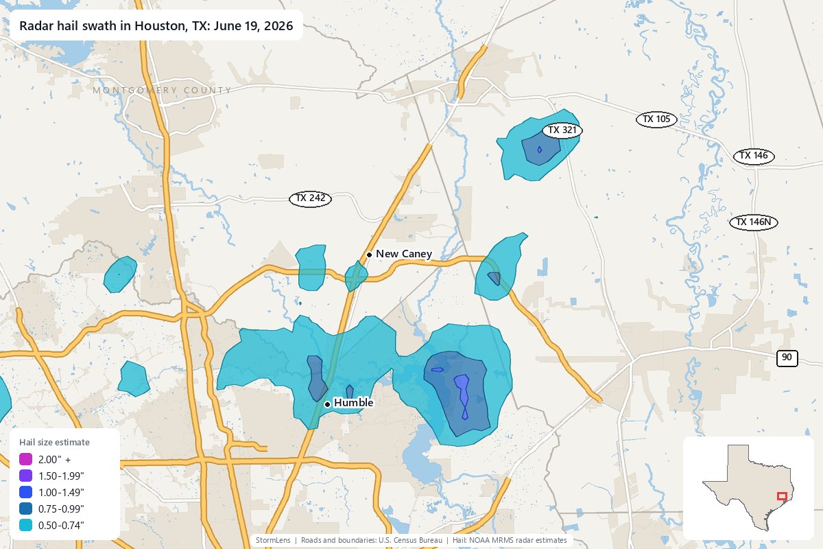 Radar-estimated hail swath in Houston, TX on June 19, 2026; colors show estimated hail sizes