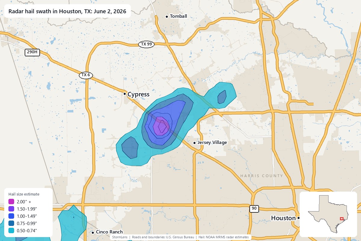 Radar-estimated hail swath in Houston, TX on June 2, 2026; colors show estimated hail sizes