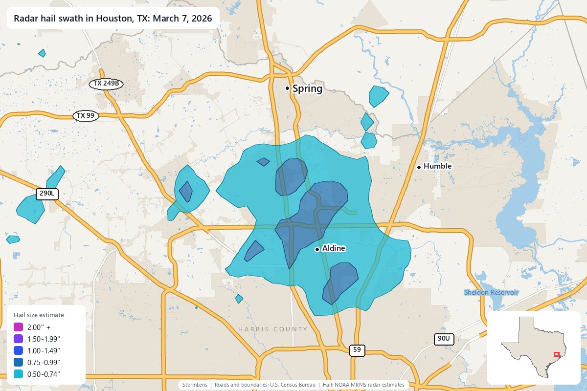 Radar-estimated hail swath in Houston, TX on March 7, 2026; colors show estimated hail sizes