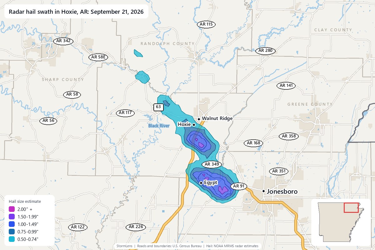 Radar-estimated hail swath in Hoxie, AR on September 21, 2026; colors show estimated hail sizes
