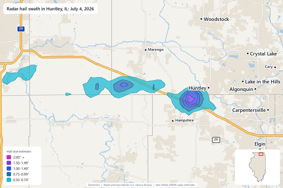 Radar-estimated hail swath in Huntley, IL on July 4, 2026; colors show estimated hail sizes