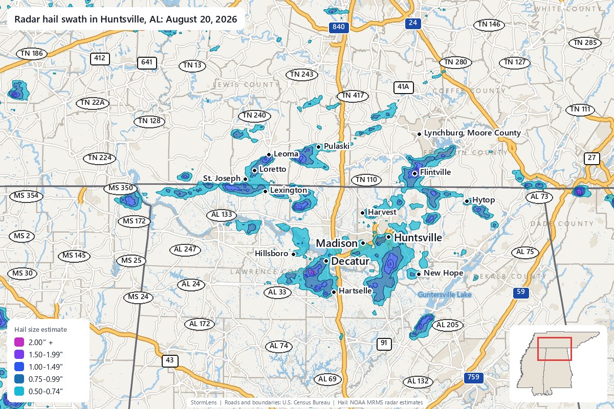 Radar-estimated hail swath in Huntsville, AL on August 20, 2026; colors show estimated hail sizes