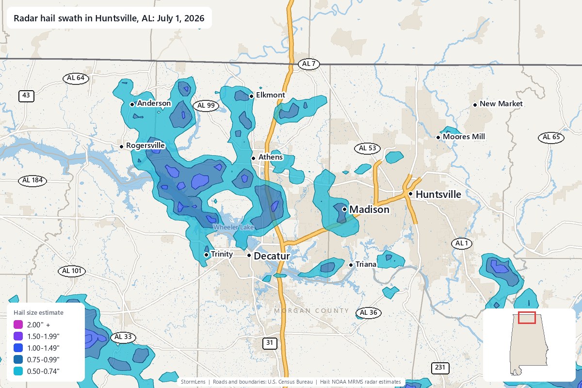 Radar-estimated hail swath in Huntsville, AL on July 1, 2026; colors show estimated hail sizes