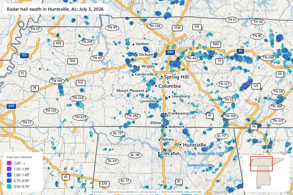 Radar-estimated hail swath in Huntsville, AL on July 3, 2026; colors show estimated hail sizes