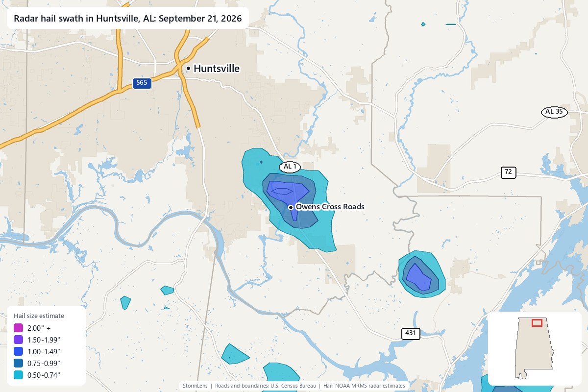 Radar-estimated hail swath in Huntsville, AL on September 21, 2026; colors show estimated hail sizes
