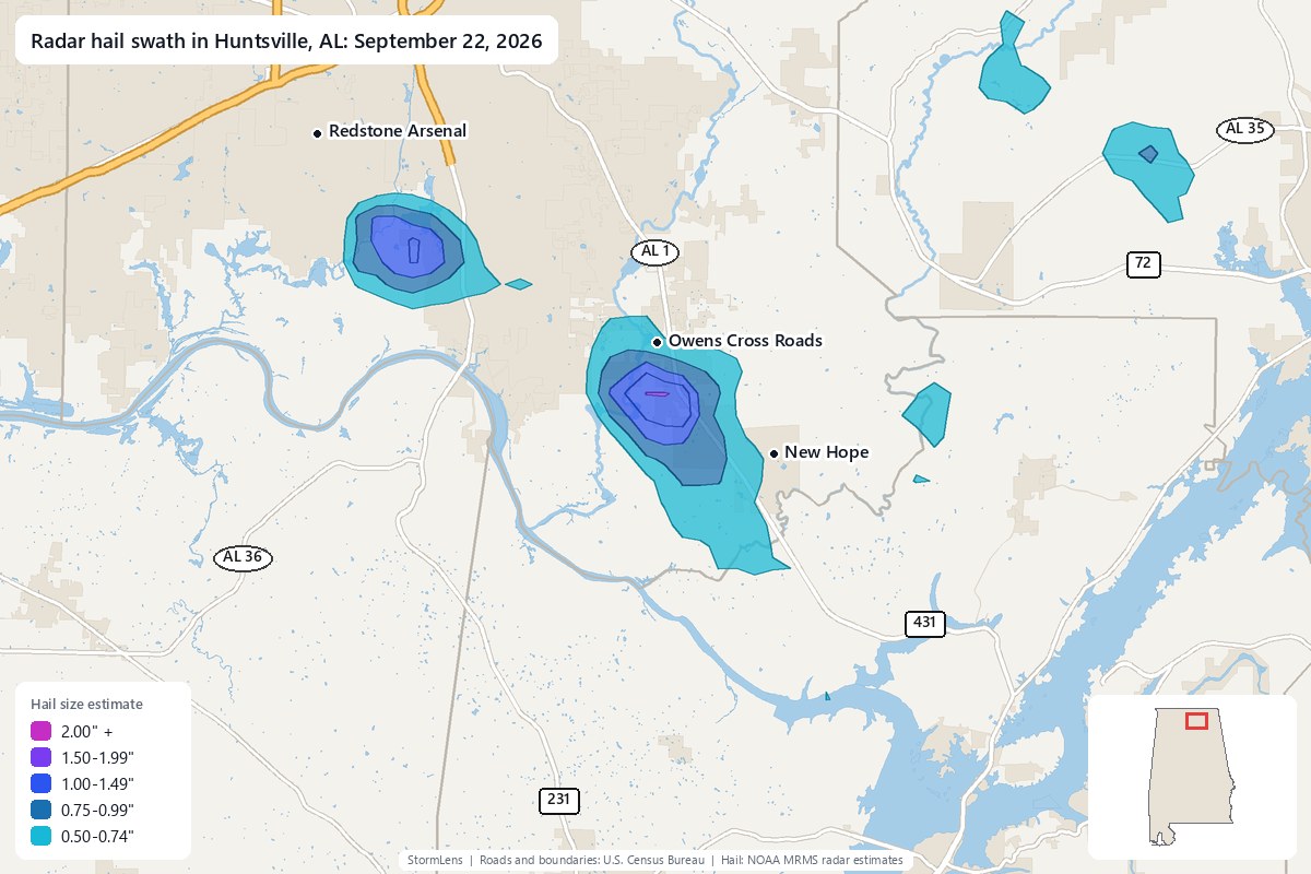 Radar-estimated hail swath in Huntsville, AL on September 22, 2026; colors show estimated hail sizes