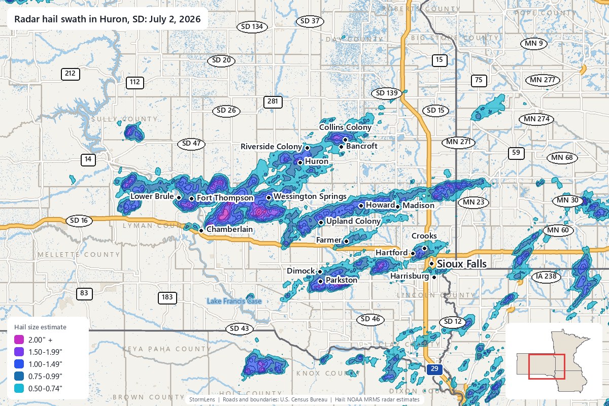 Radar-estimated hail swath in Huron, SD on July 2, 2026; colors show estimated hail sizes