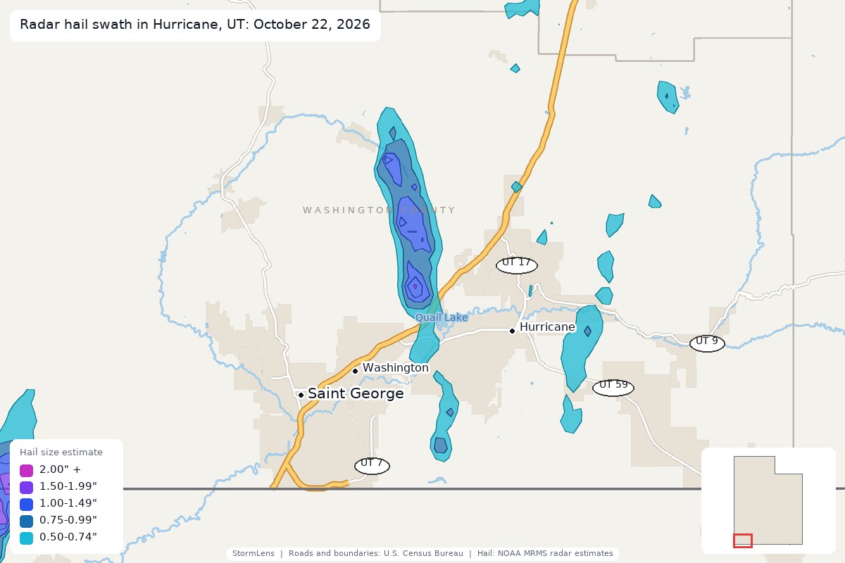 Radar-estimated hail swath in Hurricane, UT on October 22, 2026; colors show estimated hail sizes