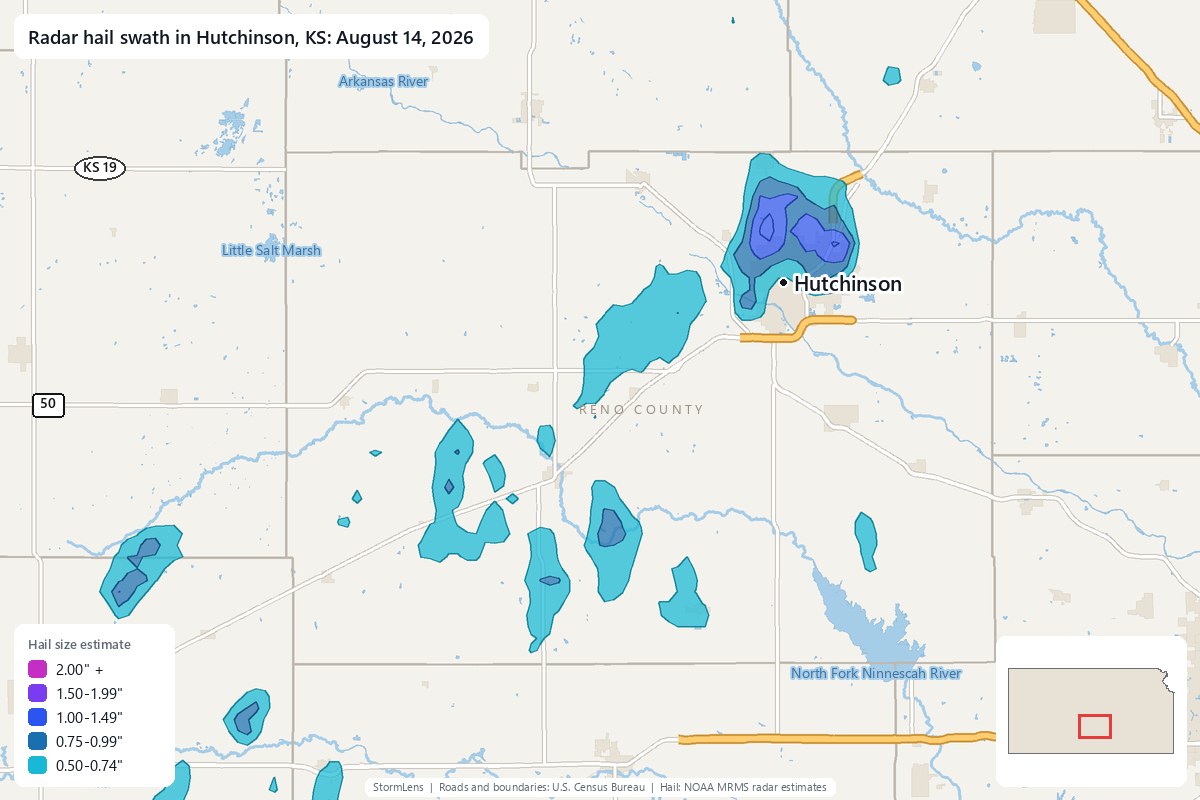 Radar-estimated hail swath in Hutchinson, KS on August 14, 2026; colors show estimated hail sizes