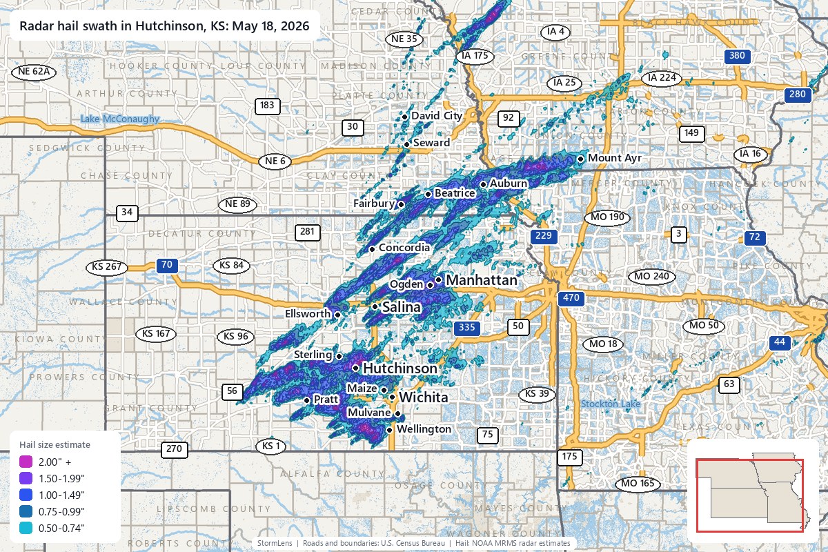 Radar-estimated hail swath in Hutchinson, KS on May 18, 2026; colors show estimated hail sizes