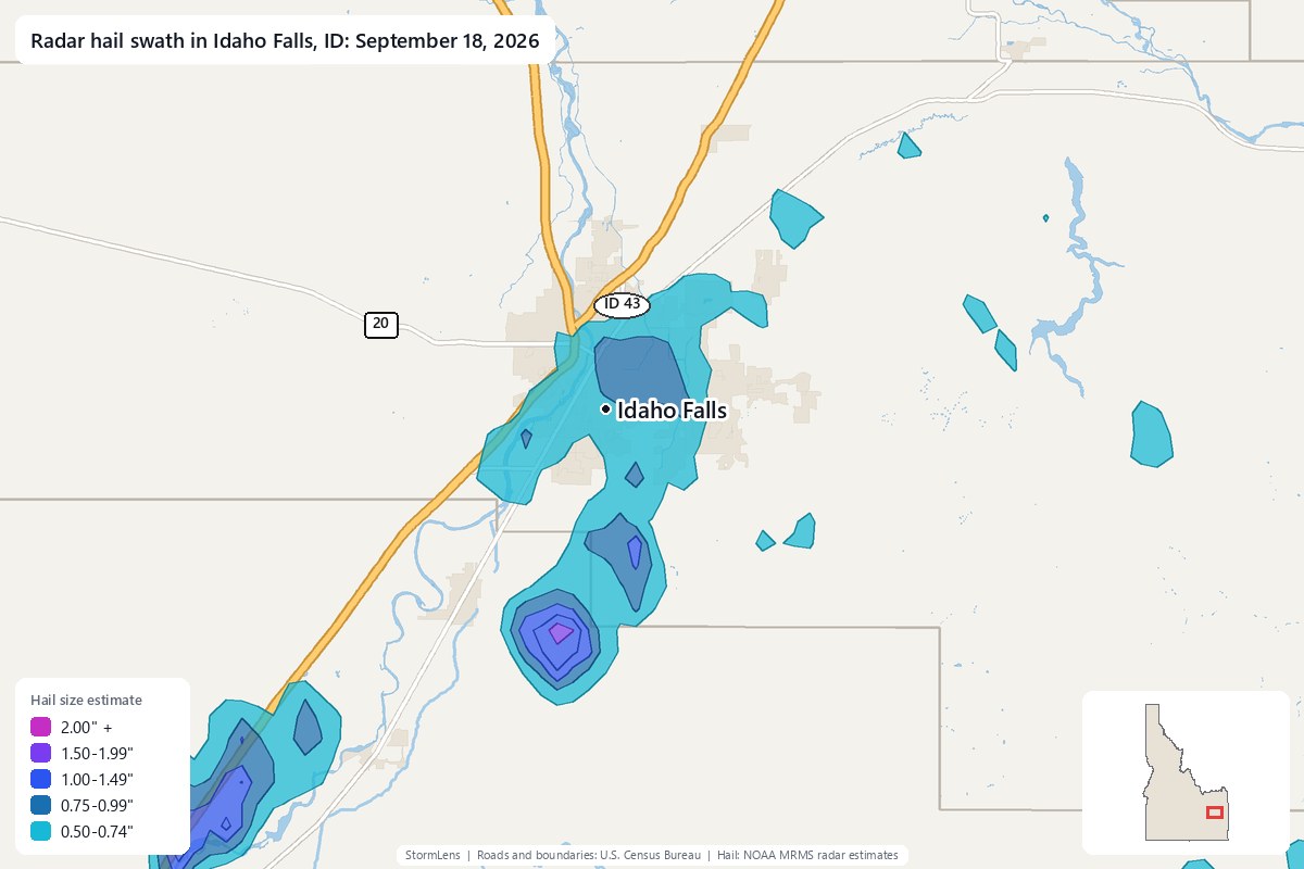 Radar-estimated hail swath in Idaho Falls, ID on September 18, 2026; colors show estimated hail sizes