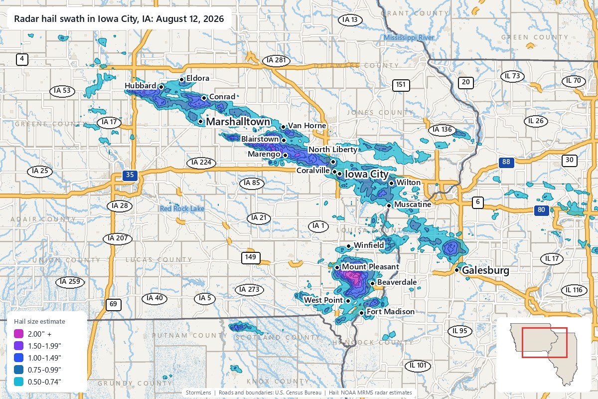 Radar-estimated hail swath in Iowa City, IA on August 12, 2026; colors show estimated hail sizes