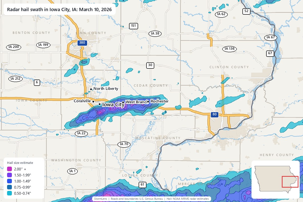 Radar-estimated hail swath in Iowa City, IA on March 10, 2026; colors show estimated hail sizes