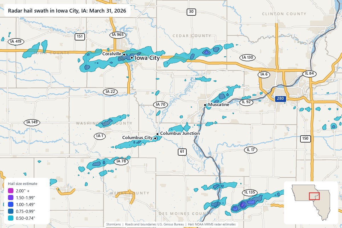 Radar-estimated hail swath in Iowa City, IA on March 31, 2026; colors show estimated hail sizes