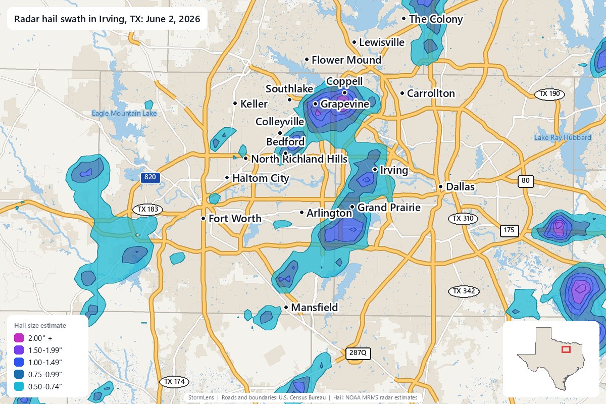 Radar-estimated hail swath in Irving, TX on June 2, 2026; colors show estimated hail sizes