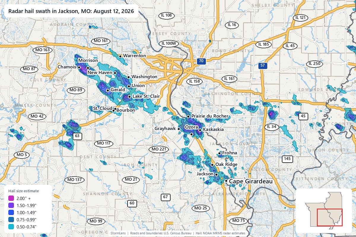 Radar-estimated hail swath in Jackson, MO on August 12, 2026; colors show estimated hail sizes