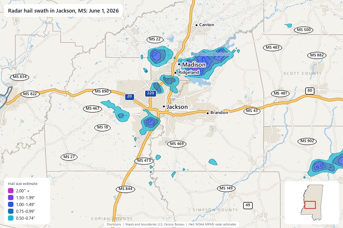 Radar-estimated hail swath in Jackson, MS on June 1, 2026; colors show estimated hail sizes