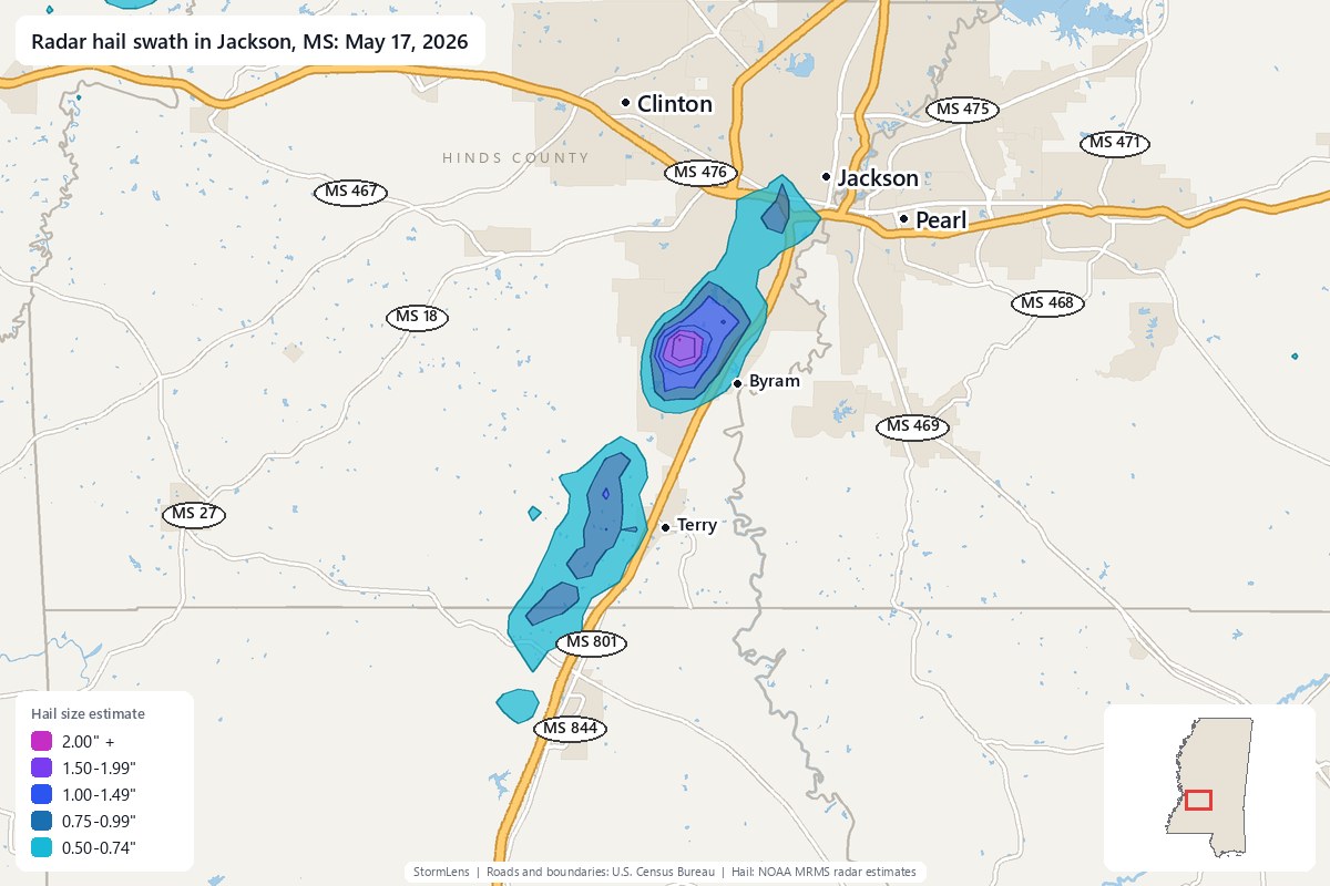 Radar-estimated hail swath in Jackson, MS on May 17, 2026; colors show estimated hail sizes