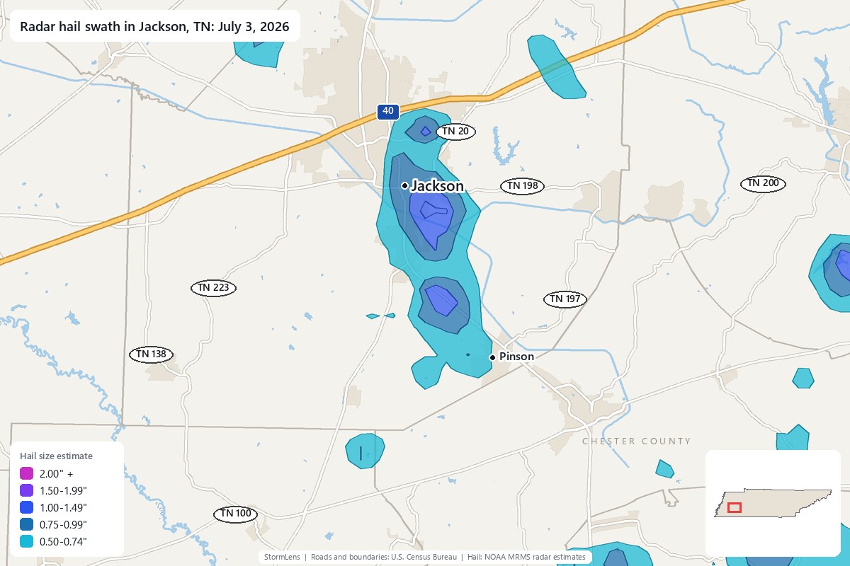 Radar-estimated hail swath in Jackson, TN on July 3, 2026; colors show estimated hail sizes