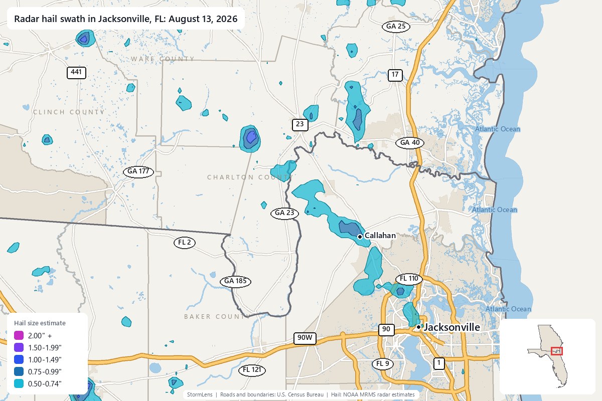 Radar-estimated hail swath in Jacksonville, FL on August 13, 2026; colors show estimated hail sizes