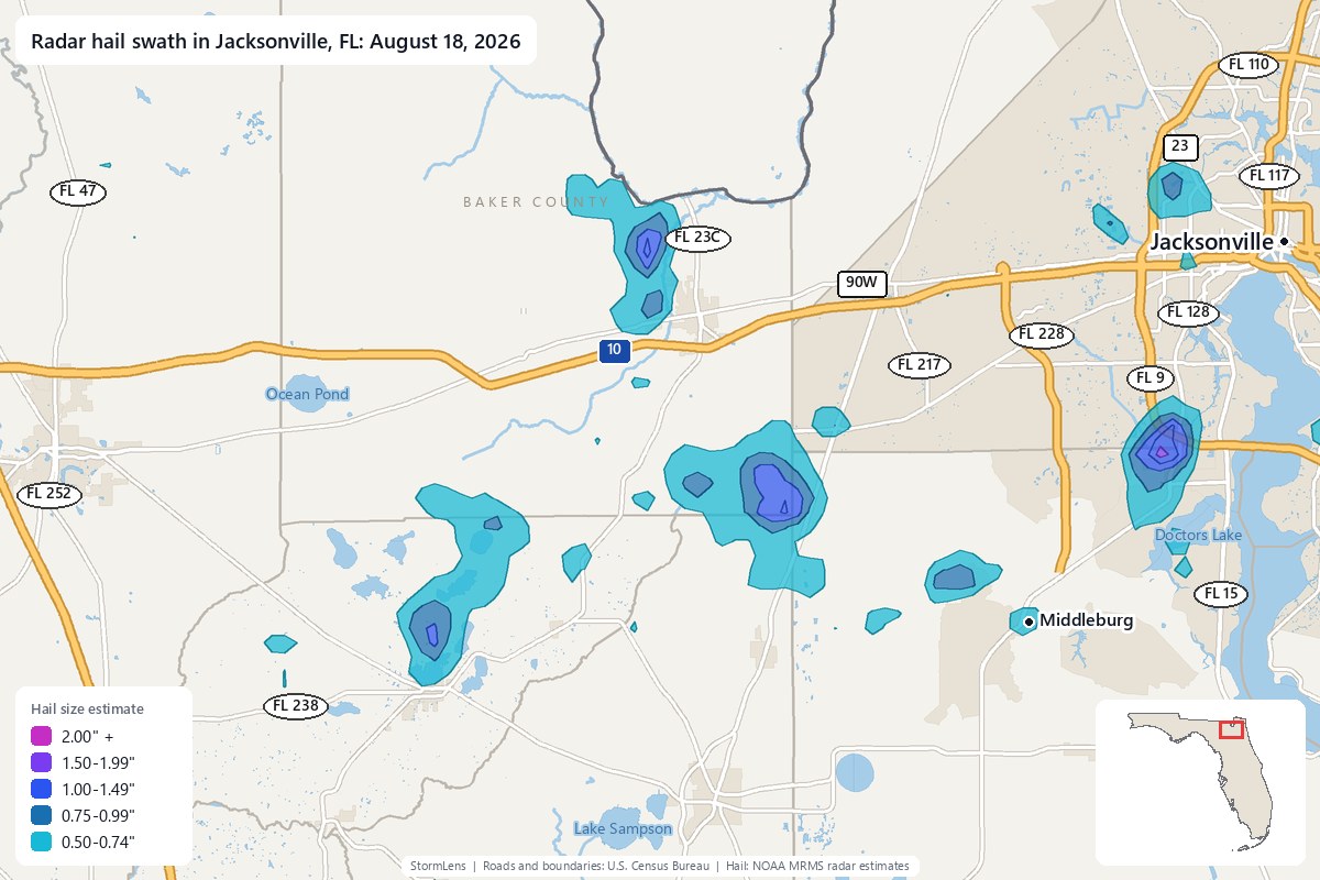 Radar-estimated hail swath in Jacksonville, FL on August 18, 2026; colors show estimated hail sizes
