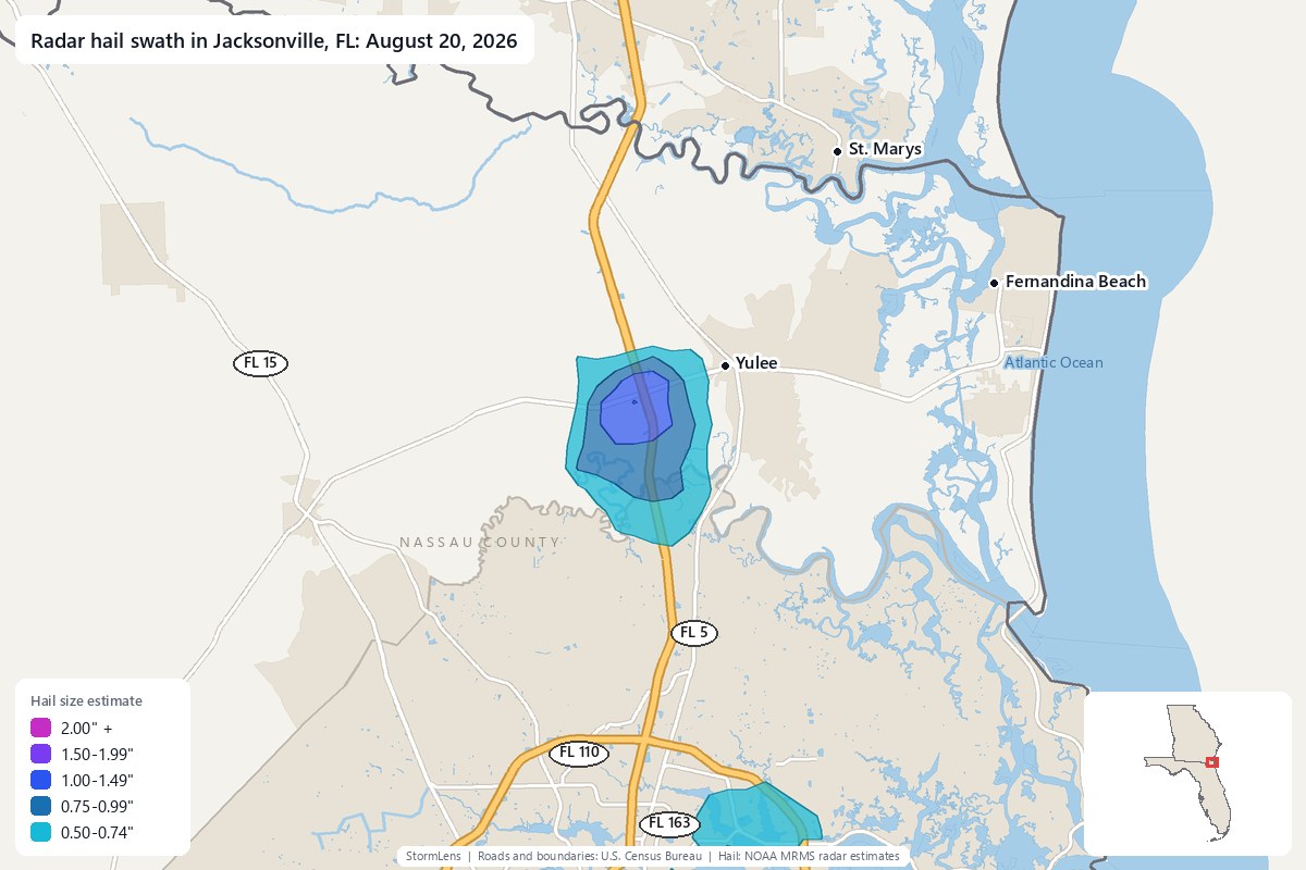 Radar-estimated hail swath in Jacksonville, FL on August 20, 2026; colors show estimated hail sizes