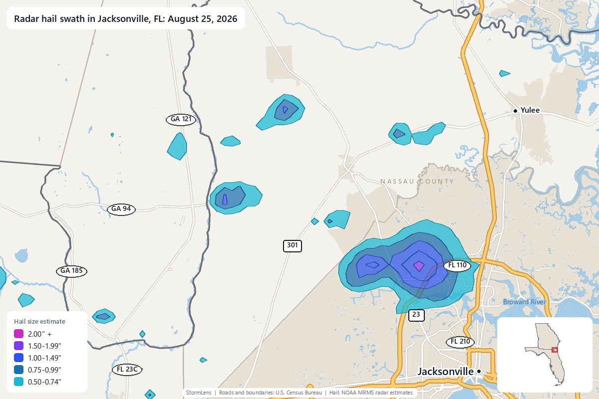 Radar-estimated hail swath in Jacksonville, FL on August 25, 2026; colors show estimated hail sizes