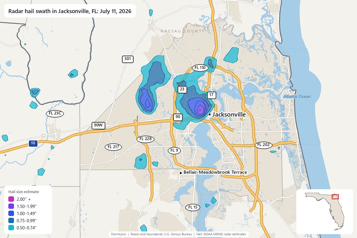Radar-estimated hail swath in Jacksonville, FL on July 11, 2026; colors show estimated hail sizes