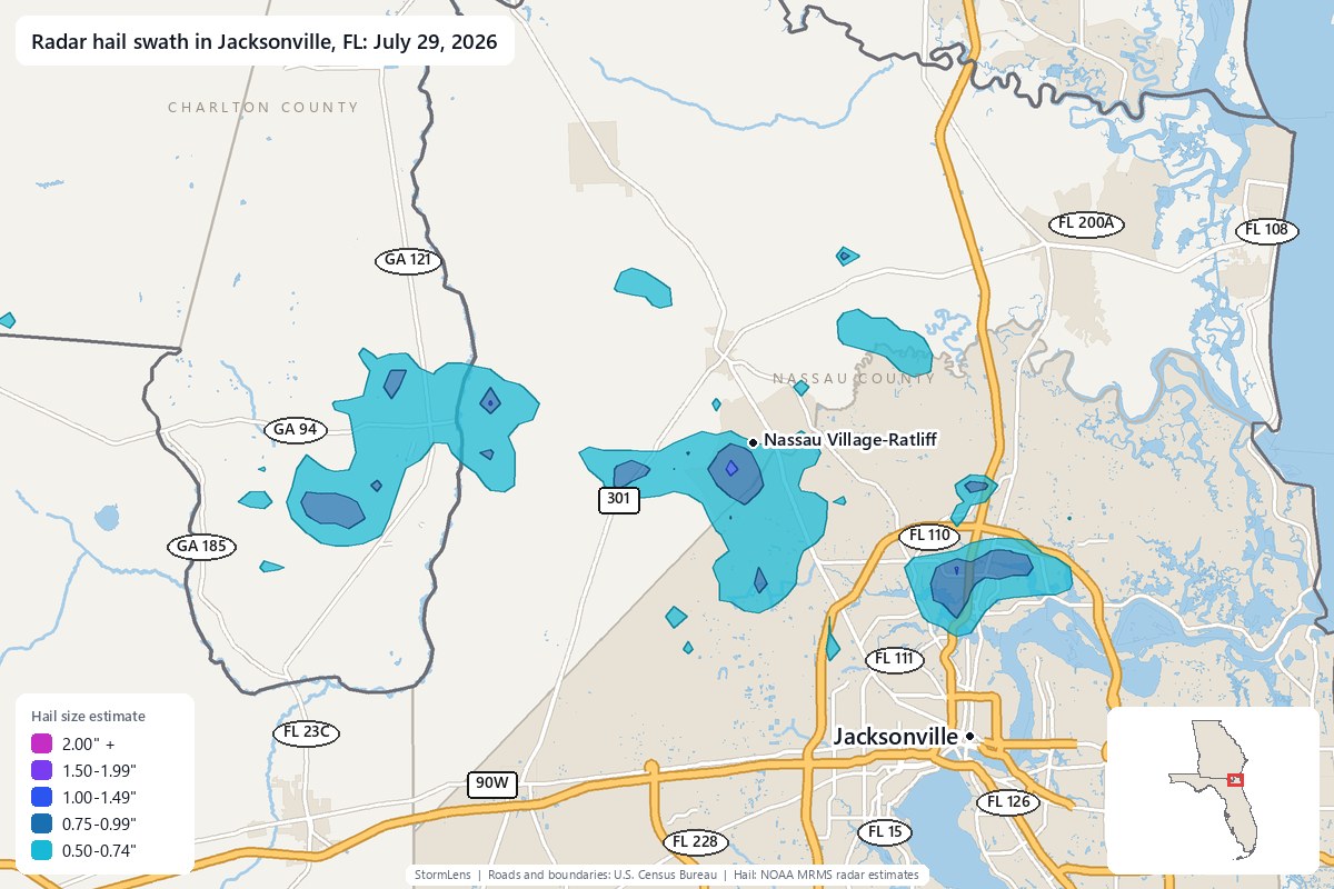 Radar-estimated hail swath in Jacksonville, FL on July 29, 2026; colors show estimated hail sizes
