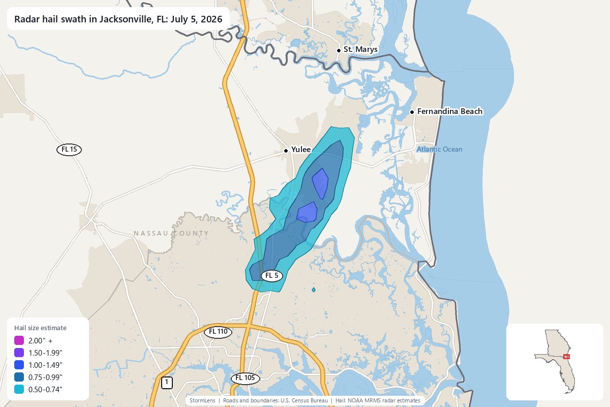 Radar-estimated hail swath in Jacksonville, FL on July 5, 2026; colors show estimated hail sizes
