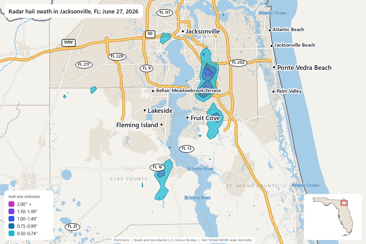 Radar-estimated hail swath in Jacksonville, FL on June 27, 2026; colors show estimated hail sizes