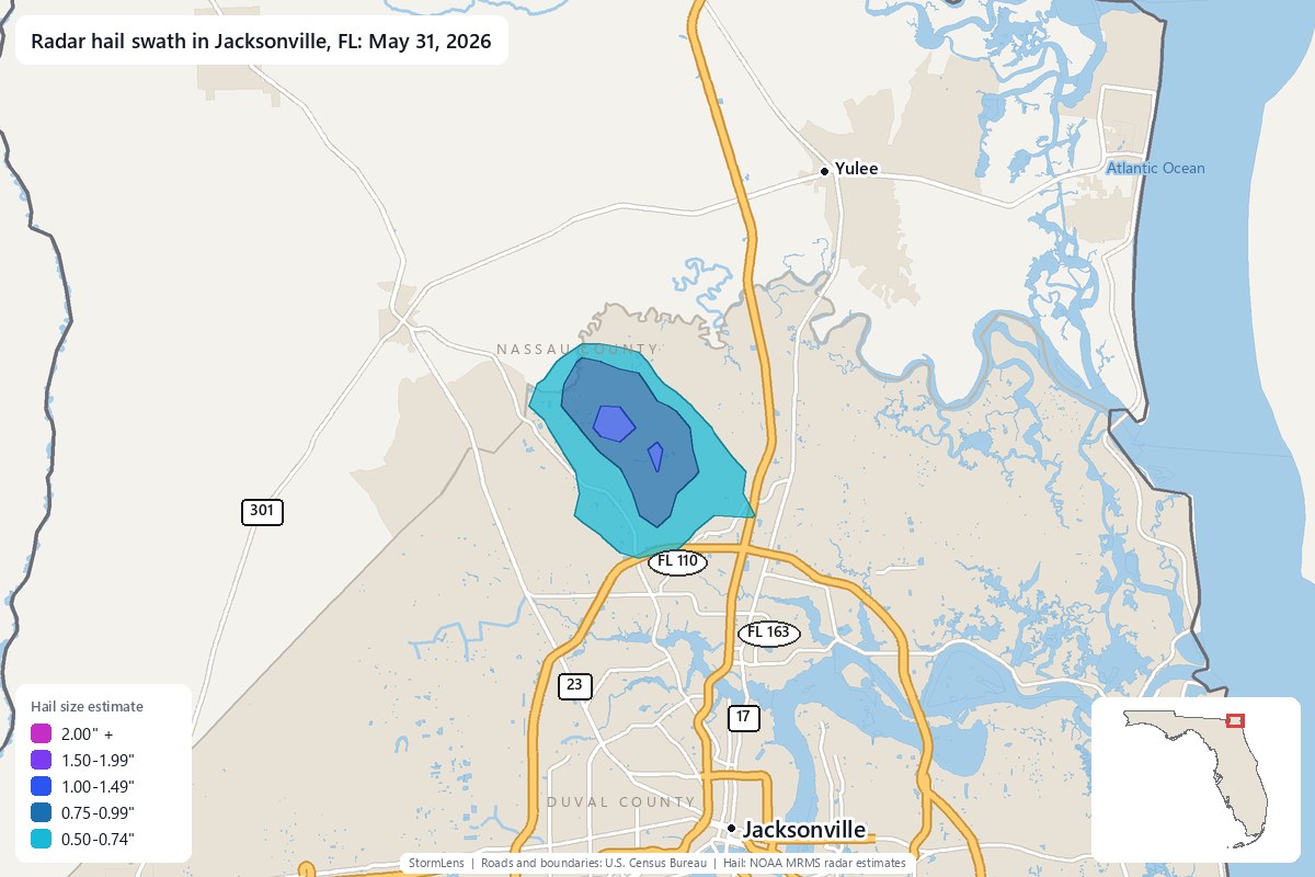 Radar-estimated hail swath in Jacksonville, FL on May 31, 2026; colors show estimated hail sizes