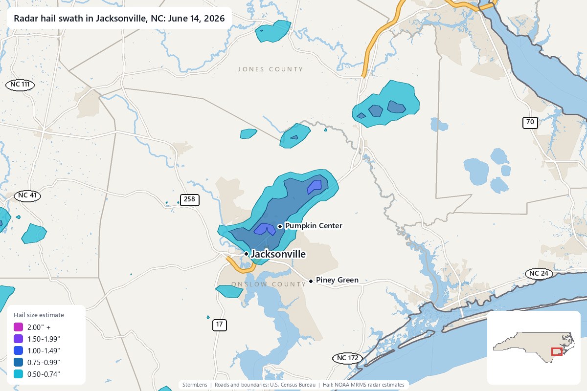 Radar-estimated hail swath in Jacksonville, NC on June 14, 2026; colors show estimated hail sizes