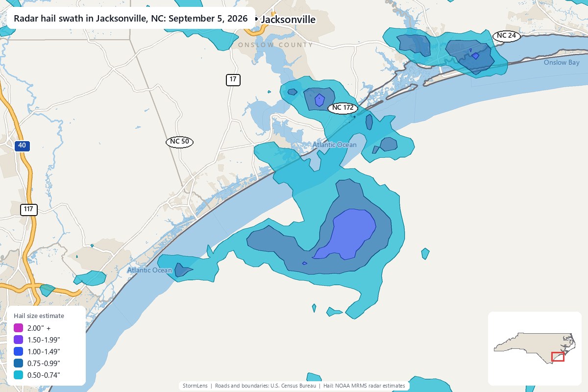 Radar-estimated hail swath in Jacksonville, NC on September 5, 2026; colors show estimated hail sizes